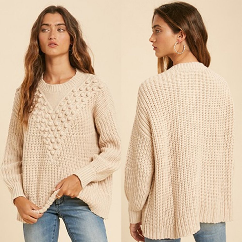 NEW Cotton Blend Chevron Pom Pom Knit SOFT Sweater - Picture 9 of 10